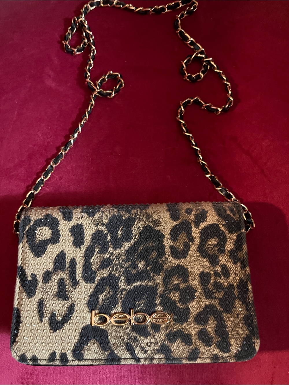 bebe Leopard Print Crossbody Bag in Black and Gold